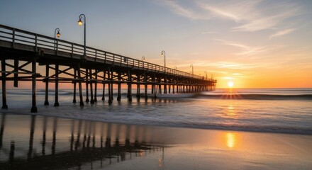 Obraz premium Scenic ocean pier at sunset landscape photography Peaceful, Newport Beach, California, golden sky, sun, architecture, travel destination, long exposure