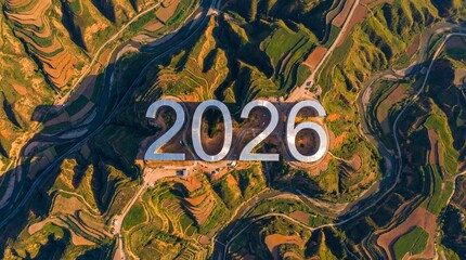 Obraz premium Aerial View of Year 2026 Numbers Over Terraced Landscape