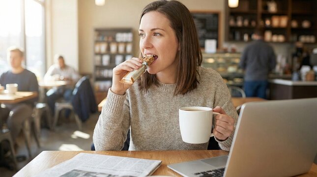 Young white woman working in cafe, sipping coffee and eating pastry beside laptop and newspaper, relaxed morning mood, casual remote work during International Coffee Day