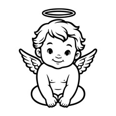 Obraz premium Dibujo sencillo con líneas de un querubín sentado sonriente. Angelito feliz con alas