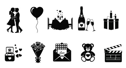 Black silhouette icons for valentine's day and romantic gestures on white background