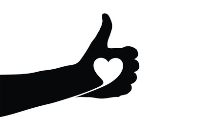 Black silhouette hand making heart shape with thumb up on white background symbolizing love and approval
