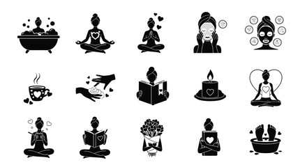 Black icons depicting meditation yoga mindfulness and relaxation practices on white background
