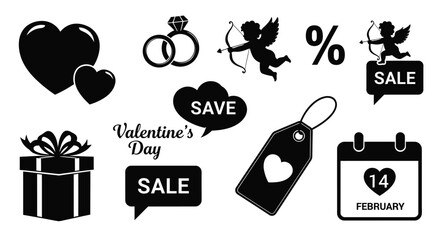 Valentine's day sale icons set with hearts cupid and gift box in black and white