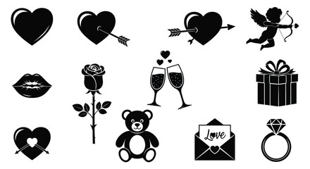 Valentine's day icons set including hearts rose cupid and gifts in black on white background for romantic designs