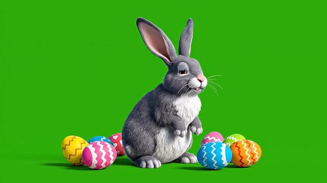 Animated gray rabbit pulling a basket filled with colorful eggs on a green screen background for Easter eggs video.