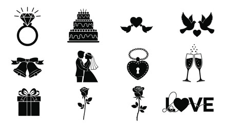 Black wedding icons on white background marriage symbols love and romance concept