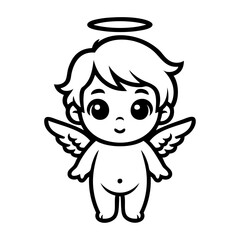 Obraz premium Dibujo sencillo con líneas de un querubín de pie sonriente. Angelito feliz con alas