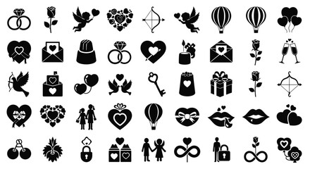 Collection of 40 black love and love themed icons on white background including hearts couples gifts and romantic symbols