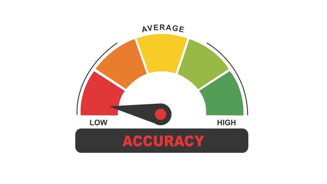 Accuracy Meter Gauge Indicator Illustration with Needle Pointing to High Performance Level. Conceptual Graphic for Precision, Quality Control, and Data Verification.