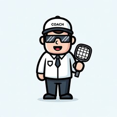 Obraz premium Cartoon Tennis Coach with Racket and Sunglasses.