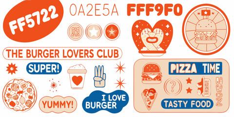 Colorful sticker collection featuring burgers pizza and food themed graphics