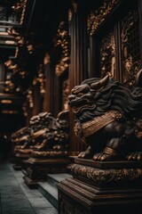 Fototapeta premium Guardian lion statue and interior decoration in the temple