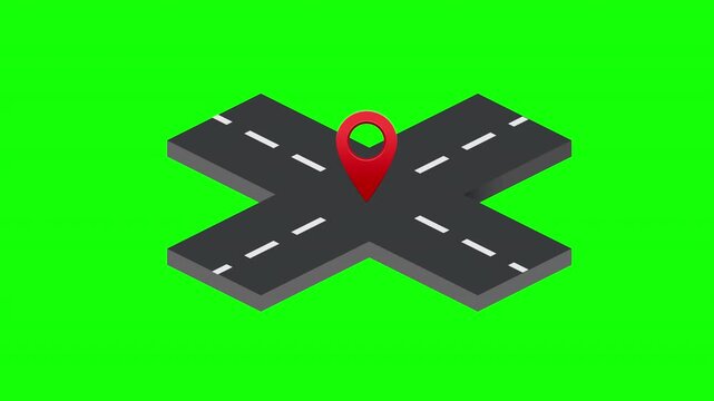 GPS Navigation Concept Animation Still showing Isometric Crossroads with Red Location Pin Motion Graphics