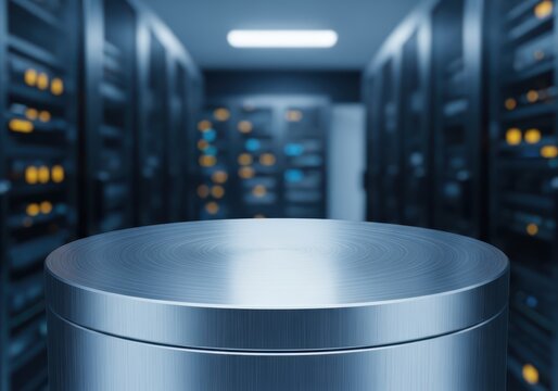 Metallic podium in a server room with racks of blinking lights and a bright ceiling light