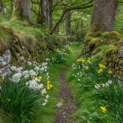 Fototapeta premium Pathway through a lush green garden with daffodils, stone walls, and old trees