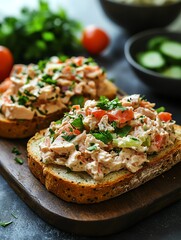 Delicious openfaced sandwich on dark rye bread topped with tuna salad