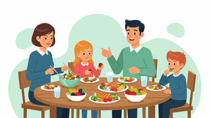 Family Smiling Around Table During Dinner Meal, Cartoon Illustration of Parents, Children, and Food in Warm Home Setting