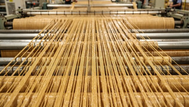 Medium shot of long wood strands perfectly aligned on an assembly line preparing for resin coating in the creation of parallel strand lumber panels.