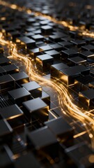 Obraz premium A futuristic digital landscape featuring a grid of black cubes illuminated by glowing golden light trails evoking advanced technology and data flow.