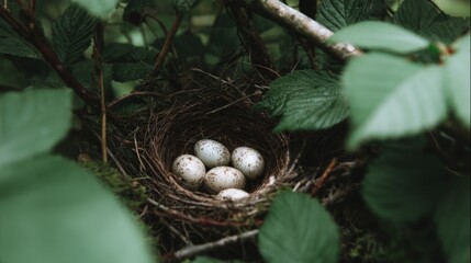 Obraz premium Nest of Speckled Eggs Surrounded by Green Foliage in a Natural Setting, Showcasing Nature's Intricate Beauty and Delicate Wildlife Wonders