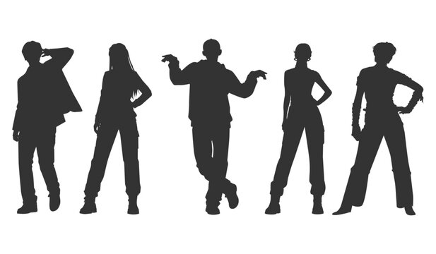 Set vector illustrations group dancer performing on stage. Silhouette korean pop idol shown in dynamic poses and movements. Monochrome flat design korean artist representing contemporary dance.