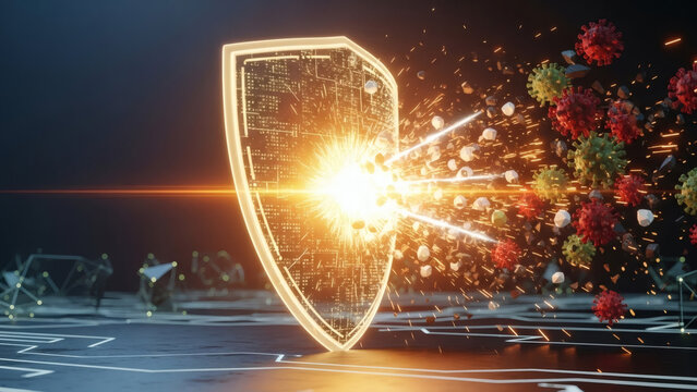 Digital shield protecting against viral infection, representing cybersecurity and health defense