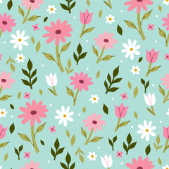 Simple seamless pattern with pink and white flowers. Vector graphics.