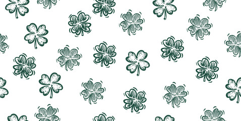 Green Clover pattern on white, Saint Patricks Day, hand drawn illustrations.	
