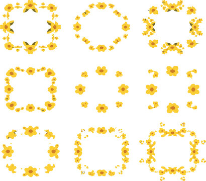 Conjunto vectorial de coronas florales amarillas con marcos florales, bordes y flores decorativas en un hermoso estilo plano.