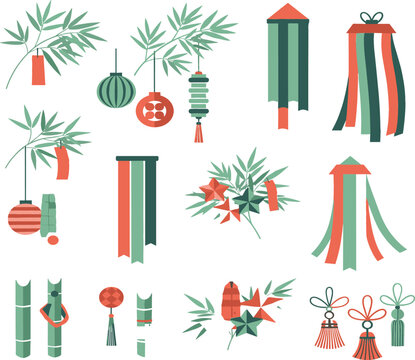 Conjunto vectorial de decoraciones de festivales asi&aacute;ticos con hojas de bamb&uacute;, linternas colgantes, cintas, borlas y adornos tradicionales.