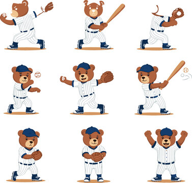 Vector plano de un lindo oso de b&eacute;isbol con una pose de animal divertida y atractiva para la marca.