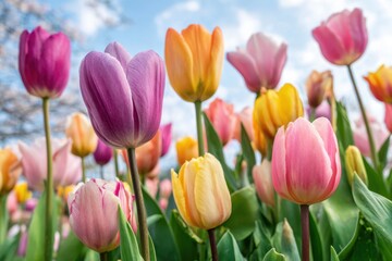 Obraz premium Vibrant tulip flowers blooming under a bright blue sky