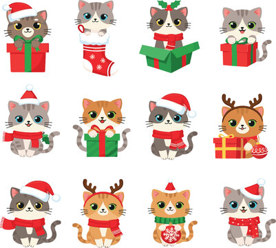 Lindo conjunto de vectores de gatos navide&ntilde;os con gatitos que usan sombreros de Pap&aacute; Noel, bufandas y sostienen cajas de regalo en un estilo de dibujos animados festivo para el dise&ntilde;o navide&ntilde;o