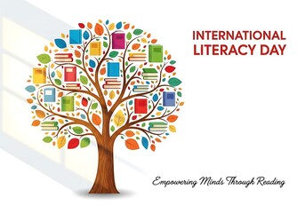 Obraz premium International literacy day poster with a tree made of books and colorful leaves on white background
