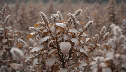 Fluffy seed heads on autumn plants in a tranquil, muted brown field. ambrosia trifida