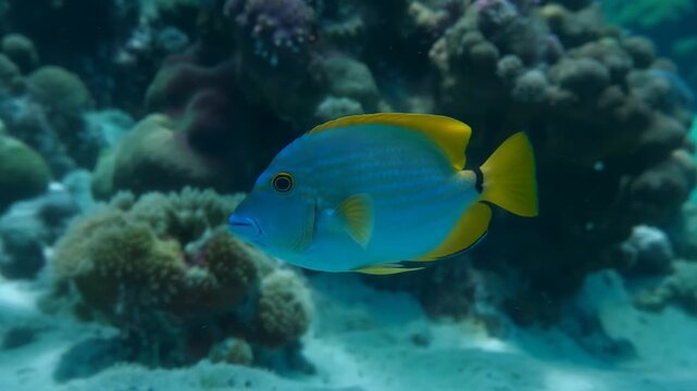 Blue and yellow snapper swimming gracefully in tropical coral reef habitat marine wildlife close up shot