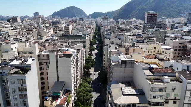 Drone flyover of Copacabana neighbourhood along Rua Barata Ribeiro