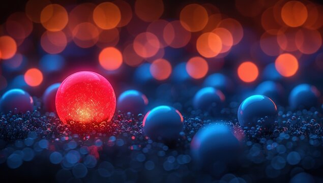Glowing red sphere stands out among blue orbs on textured ground, with abstract bokeh lights