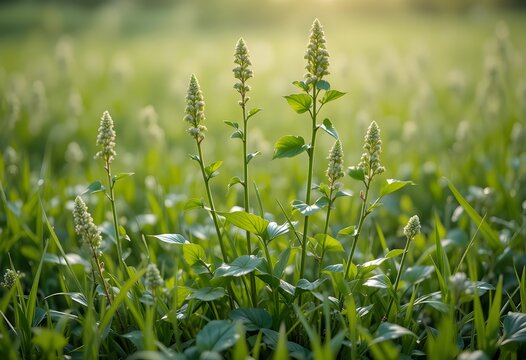 Lush green field with delicate plants and budding flowers under soft morning light. ambrosia trifida