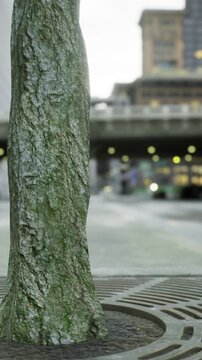 A solitary tree stands resilient in a bustling city, its trunk emerging from a metal grate surrounded by smooth asphalt. The urban backdrop features blurred traffic and twinkling lights.