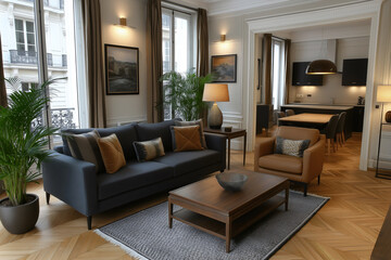 Fototapeta premium Open plan parisian apartment living room, navy blue sofa, golden pillows, herringbone parquet flooring, french windows, potted palm plants, leather armchair and modern kitchen.