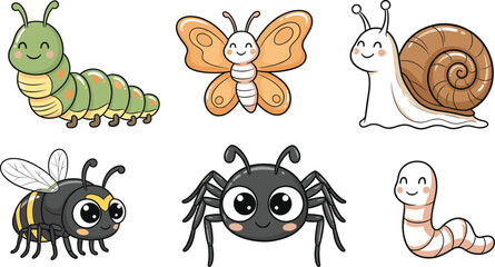 Cute Cartoon Insect Character Illustration Set Featuring Caterpillar, Butterfly, Snail, Bee, Spider, and Worm for Kids, Education, and Nature Design © Priyanka