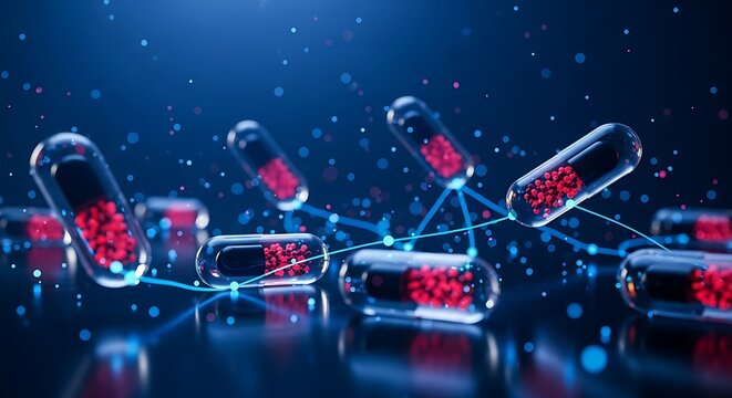 Medical capsules connected by blue lines with red particles inside on dark blue background with reflections and bokeh