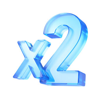 Blue glass x2 symbol with glowing texture isolated on transparent background magnification icon multiplication sign