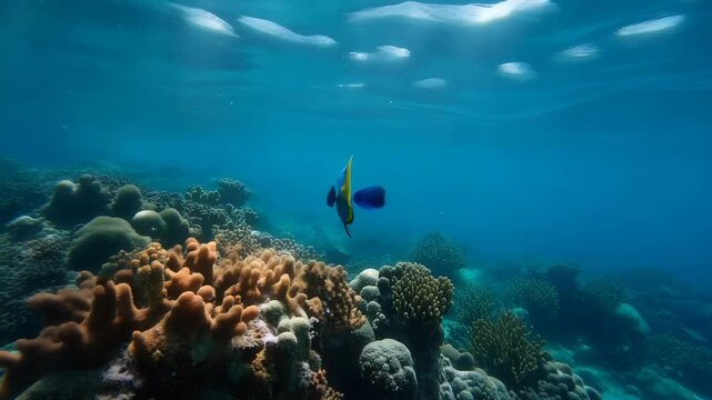Colorful angelfish swimming over a vibrant coral reef ecosystem in clear turquoise waters