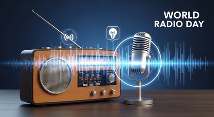 Vintage radio and microphone on wooden table with glowing blue sound waves for world radio day