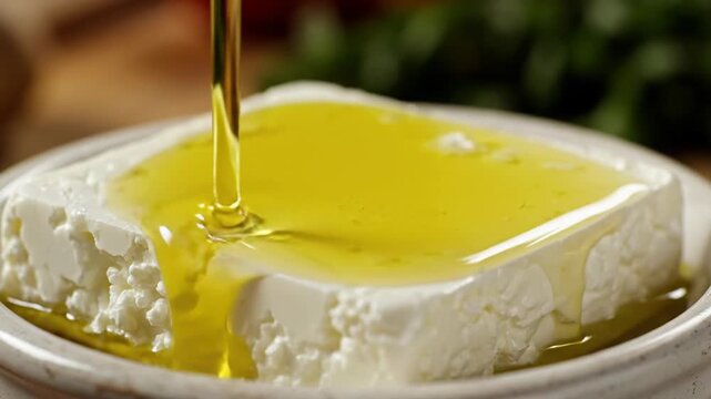 Pouring Olive Oil on Feta Cheese Block