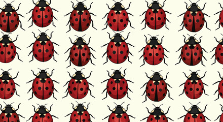 Fototapeta premium Repeating pattern features numerous red ladybugs with black spots neatly arranged in rows on a light cream colored background.
