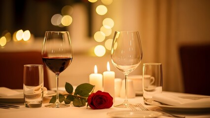 Romantic valentine's day dinner setup with wine and rose